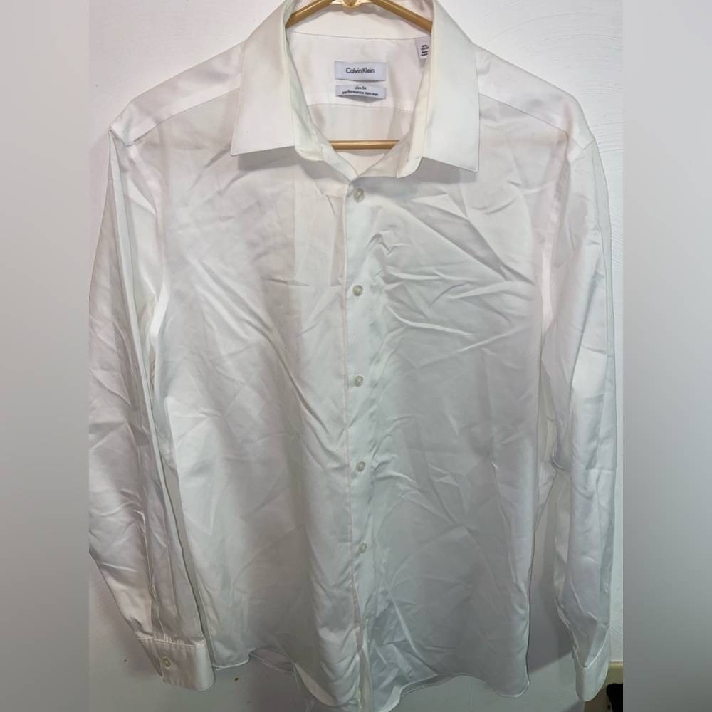 Calvin Klein White Button Down Dress Shirt Slim Fit Black 16.5 32/33